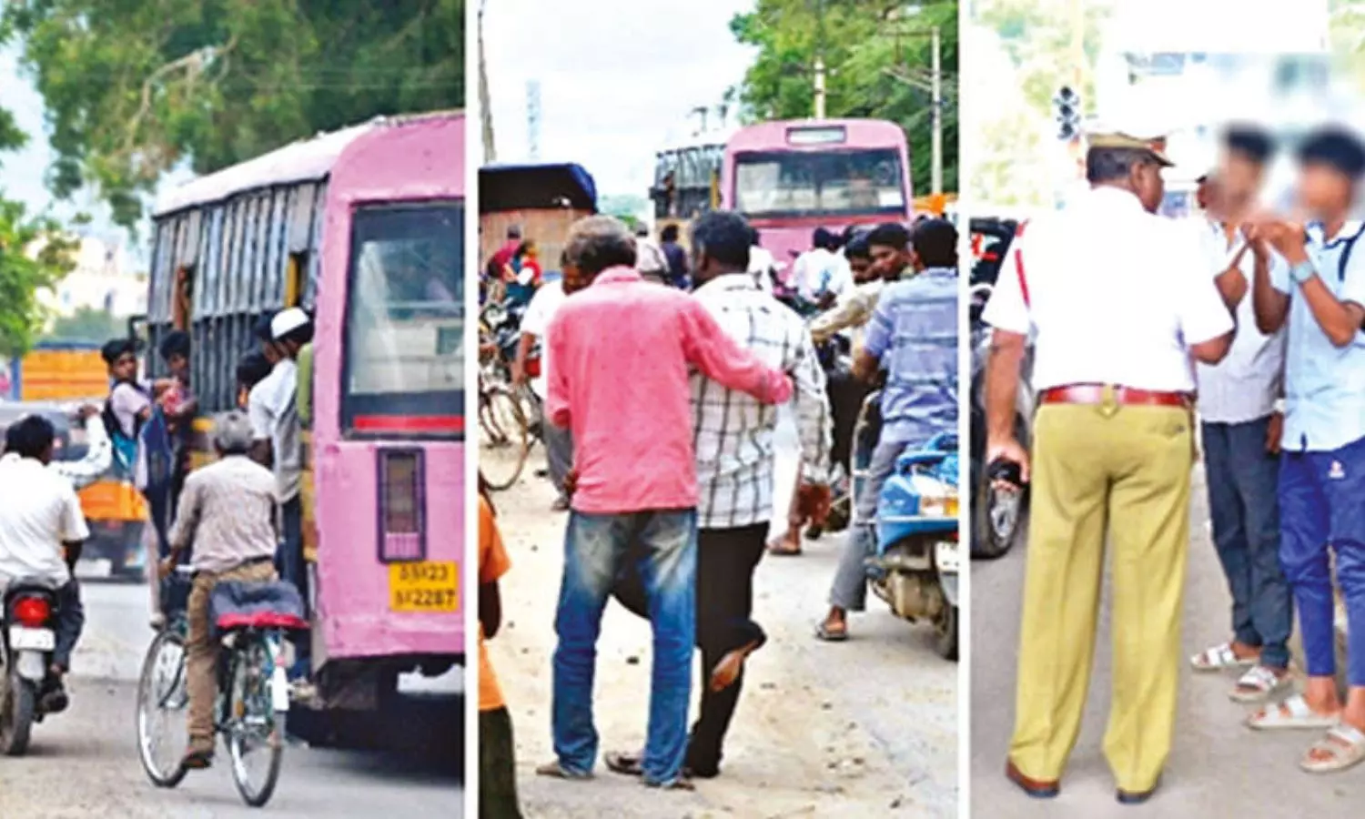 Students on footboard attack cyclist, two-wheeler rider before giving a slip Students on footboard attack cyclist, two-wheeler rider before giving a slip