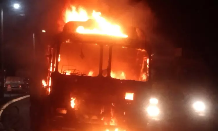 Truck catches fire on NH16 in Visakhapatnam