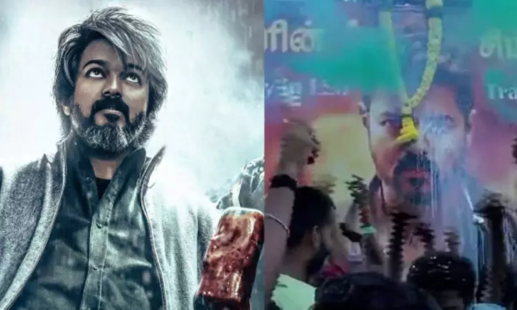 Actor Vijays fans celebrate Leo trailer release with great enthusiasm