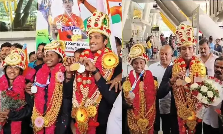 Para Asian games winners received warm welcome at Chennai airport Para Asian games winners received warm welcome at Chennai airport
