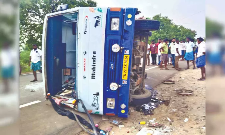 12 injured as van topples following tyre burst near Sathyamangalam