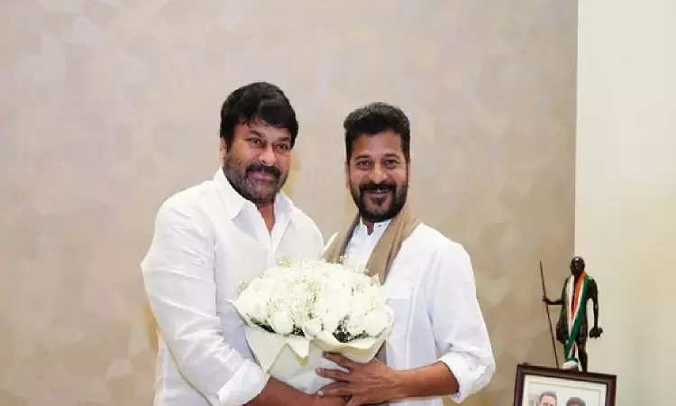 Chiranjeevi meets Telangana CM Revanth Reddy at his residence Chiranjeevi meets Telangana CM Revanth Reddy at his residence