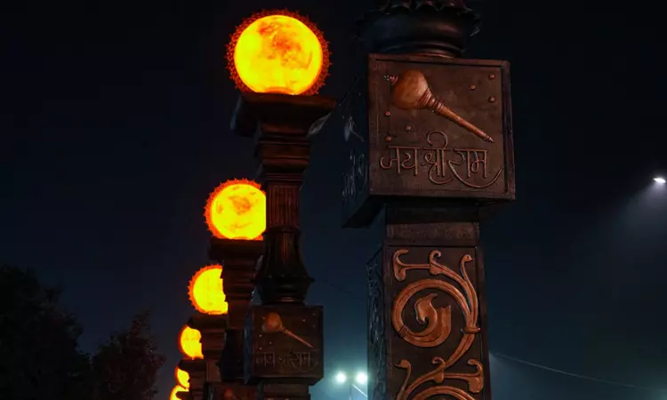 Road in Ayodhya adorned with sun-themed pillars ahead of consecration ceremony at Ram temple
