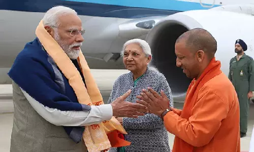 PM Modi arrives in Ayodhya, received by CM Yogi Adityanath