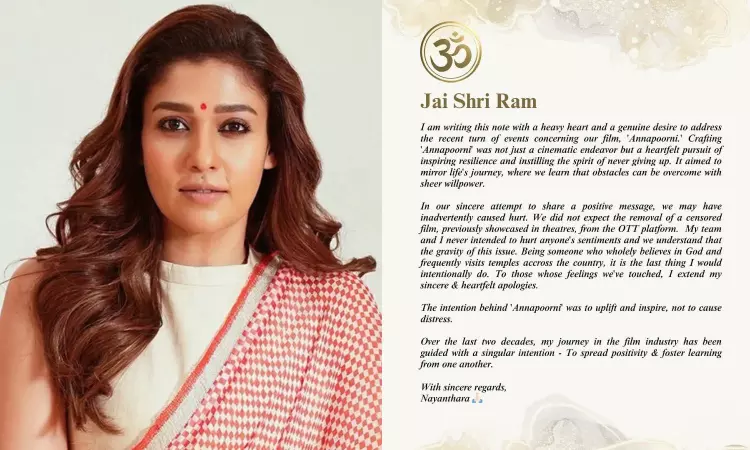 Nayanthara issues apology note for Annapoorani controversy Nayanthara issues apology note for Annapoorani controversy