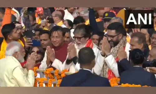 PM Modi, Big B exchange pleasantries on sidelines of Pran Pratishtha ceremony in Ayodhya PM Modi, Big B exchange pleasantries on sidelines of Pran Pratishtha ceremony in Ayodhya
