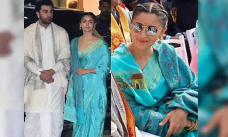 Alia Bhatts saree for Pran Pratishtha ceremony adorned with Ramayana motifs Alia Bhatts saree for Pran Pratishtha ceremony adorned with Ramayana motifs