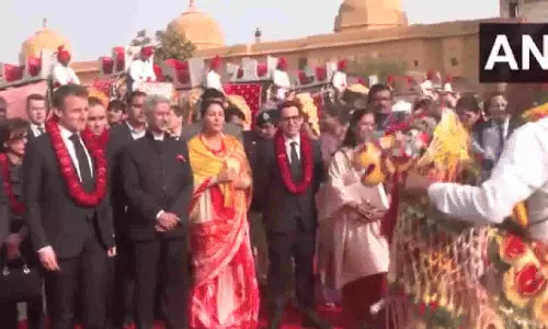 Rajasthan: French President Emmanuel Macron arrives at Amber Fort in Jaipur