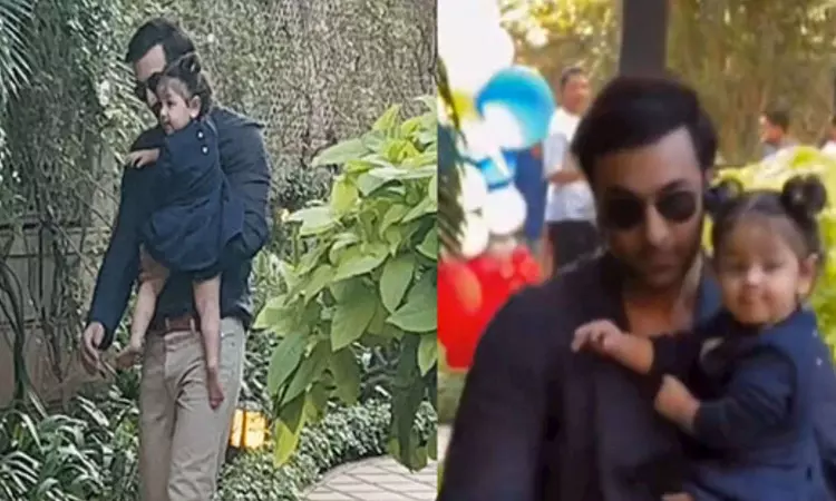 Ranbir twin with daughter Raha in blue outfits at bday bash of Kareenas son