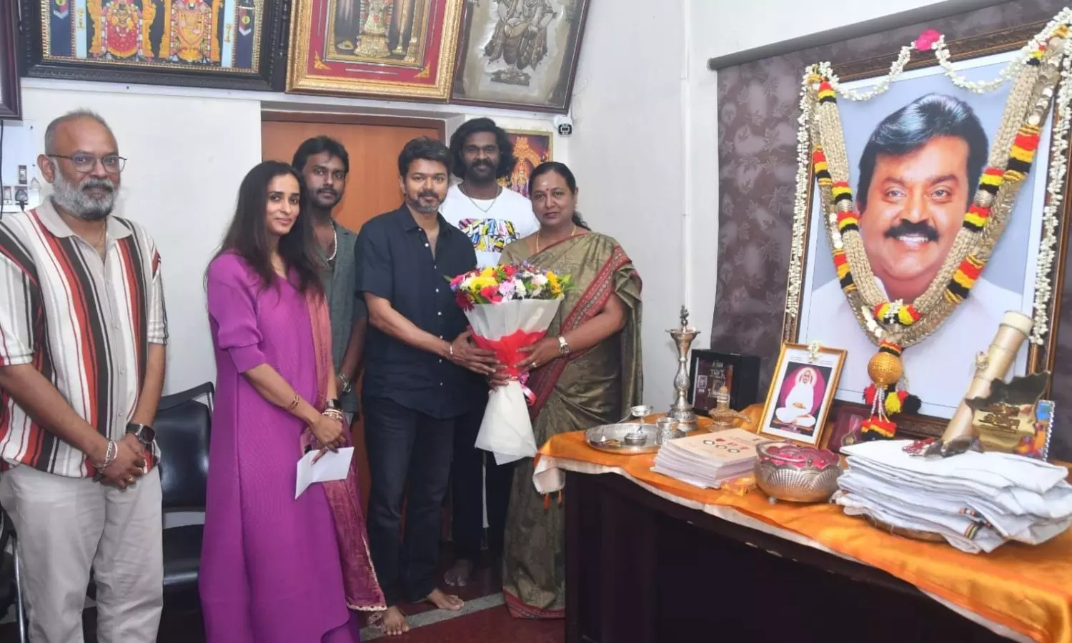 Team of Vijays The GOAT visits Vijayakanths family