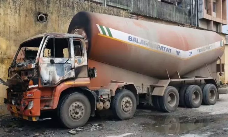 Lorry with construction mixture catches fire near Poonamallee Lorry with construction mixture catches fire near Poonamallee