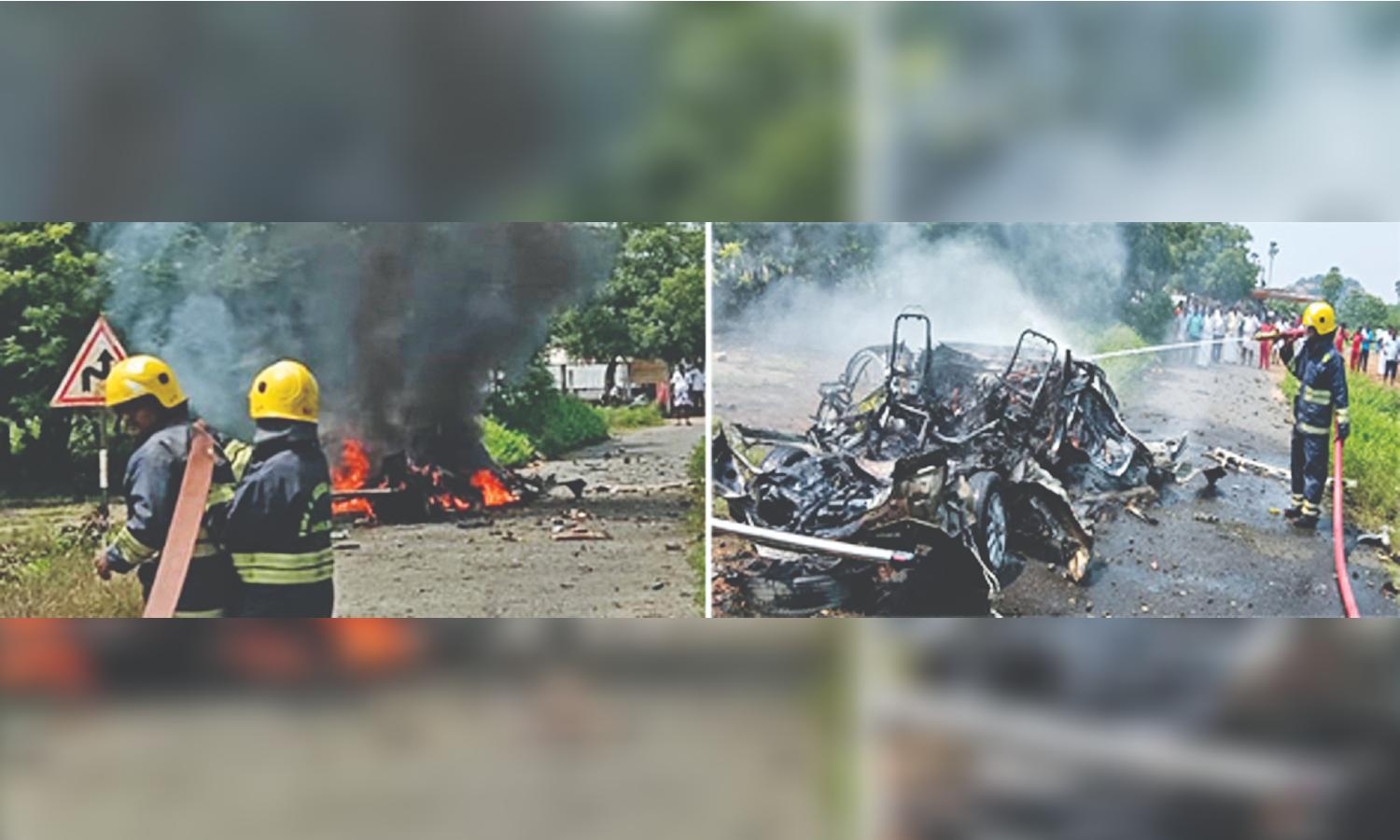 Car gutted after country crackers loaded in boot start bursting in Namakkal Car gutted after country crackers loaded in boot start bursting in Namakkal