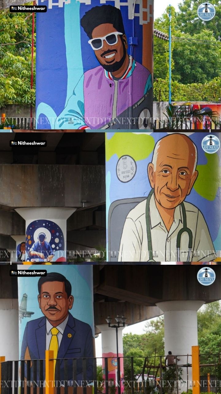 Chennai Corporation paints North Chennai icons on Vysarpadi flyover pillars