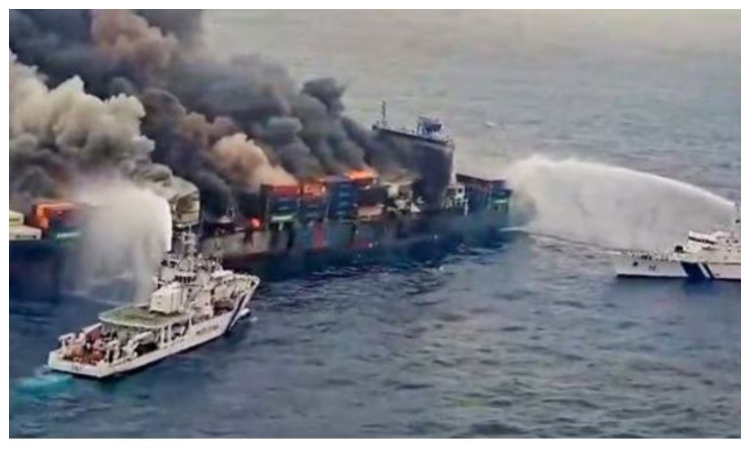 Firefighting efforts intensify aboard Singapore vessel after explosion off Kerala coast Firefighting efforts intensify aboard Singapore vessel after explosion off Kerala coast
