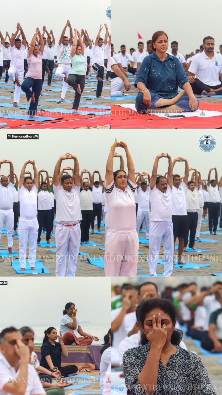 Indian Army, Navy, and Air Force officers perform yoga at INS Adyar on International Yoga Day. Indian Army, Navy, and Air Force officers perform yoga at INS Adyar on International Yoga Day.