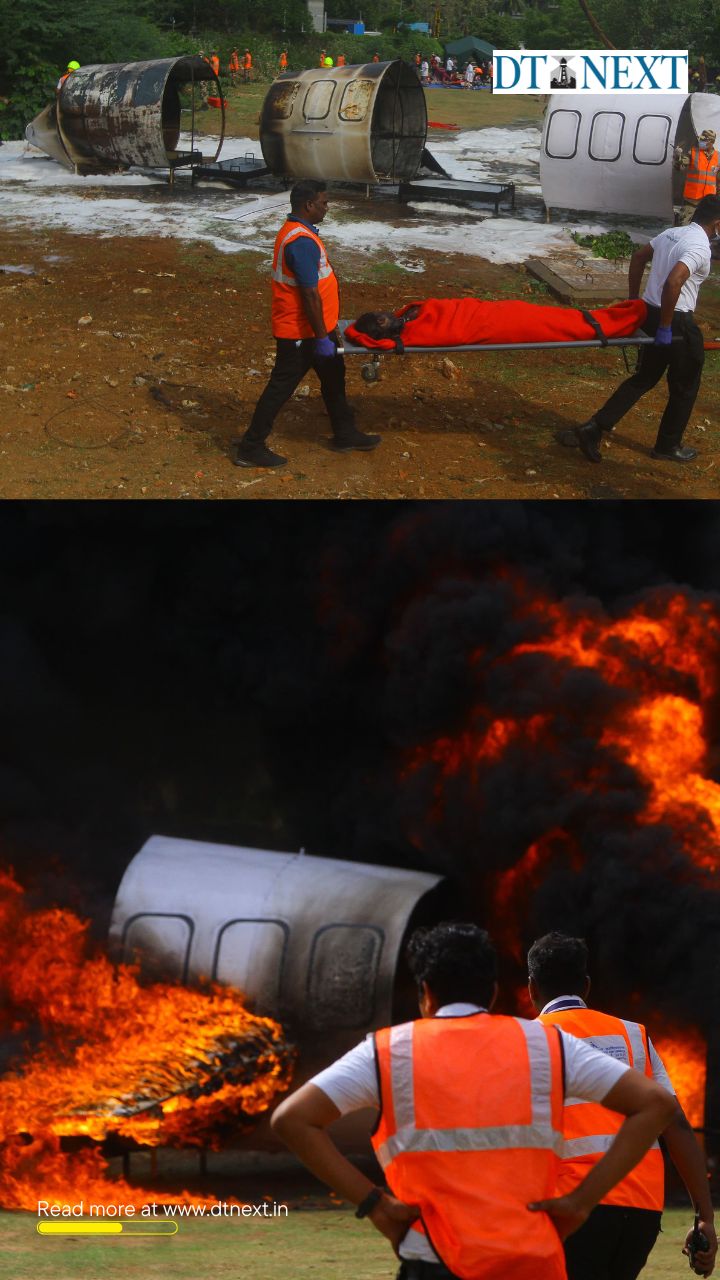 Emergency teams take part in a mock aircraft crash drill organised by the AAI near the Officers Training Academy (OTA) in Chennai Emergency teams take part in a mock aircraft crash drill organised by the AAI near the Officers Training Academy (OTA) in Chennai