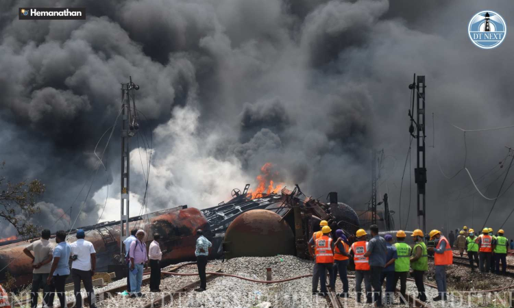 Chaos as freight train catches fire in Tiruvallur
