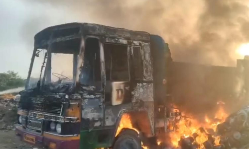 Chemical waste dumped and set on fire in Tambaram, lorry gutted
