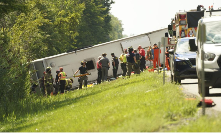 Tour bus rollover kills 5 on interstate highway in western New York