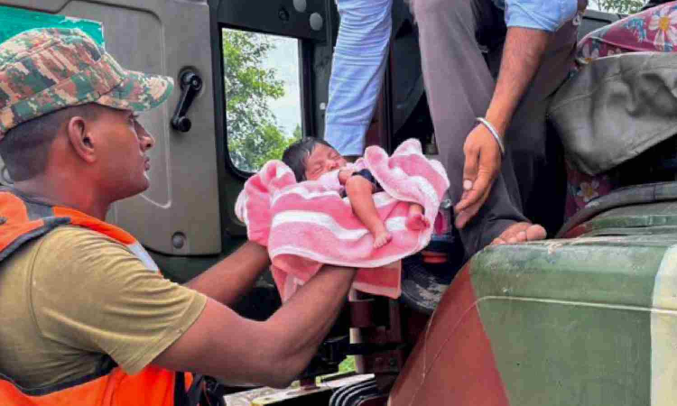 Army rescues newborn, mother stranded in flood-ravaged village in Punjabs Gurdaspur
