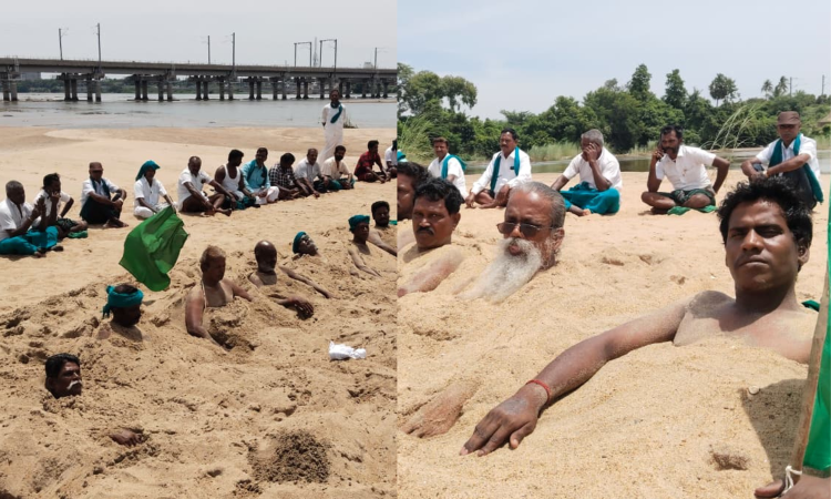 Farmers bury themselves in Cauvery river bed in protest for various demands