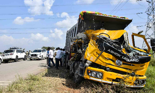 Telangana: 19 passengers killed after lorry rams into bus, empties gravel into govt vehicle Telangana: 19 passengers killed after lorry rams into bus, empties gravel into govt vehicle
