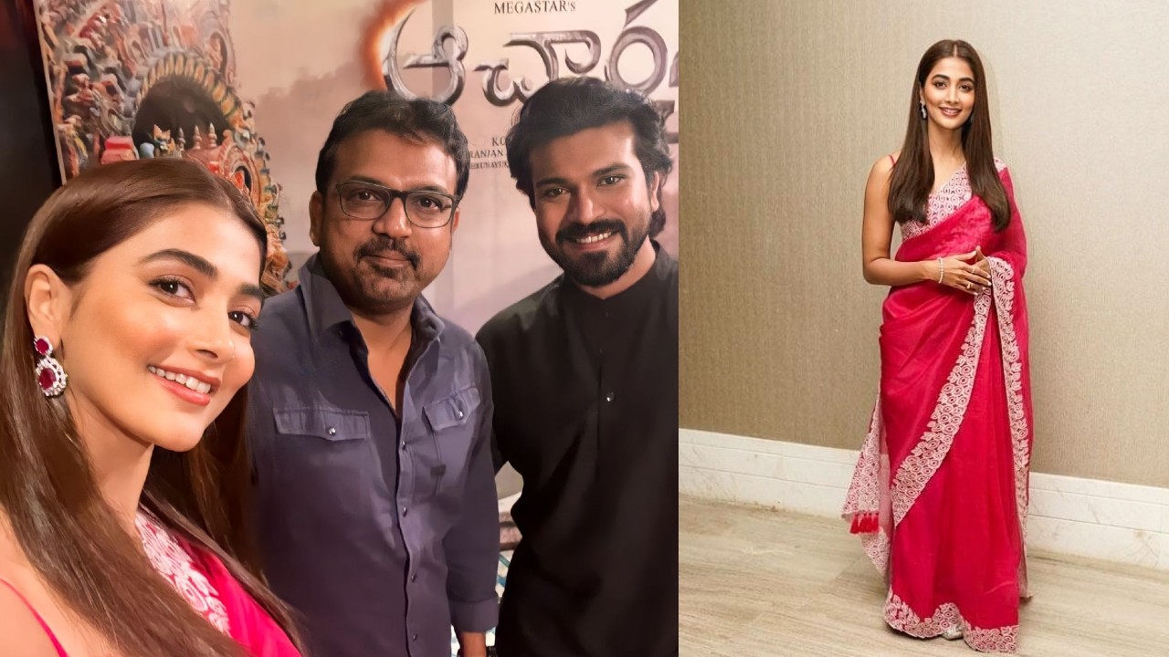 Pooja Hegdes fuchsia organza silk saree worn for Acharya promotions costs ₹38k