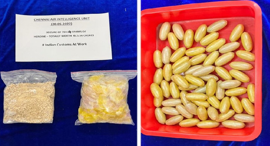 794.64 grams of heroin worth Rs. 5.56 cr seized at Chennai airport