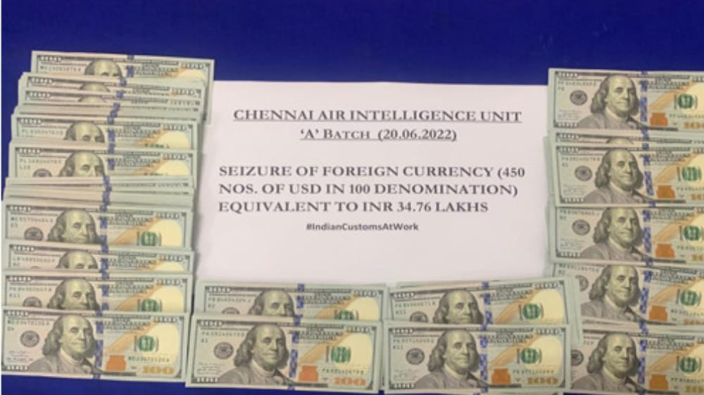Foreign currency worth Rs 34.76 lakh seized at Chennai airport Foreign currency worth Rs 34.76 lakh seized at Chennai airport