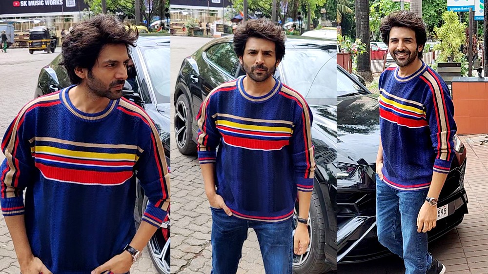 Katrik Aaryan shines in blue sweater outside director’s office