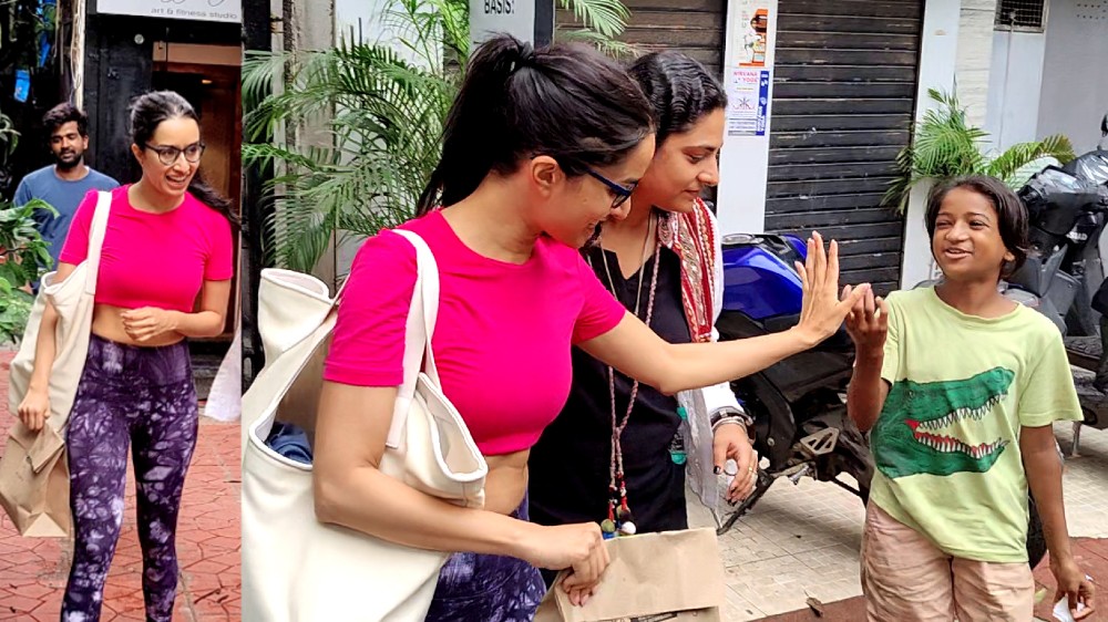 Shraddha dons pink crop top with purple-white printed jeggings