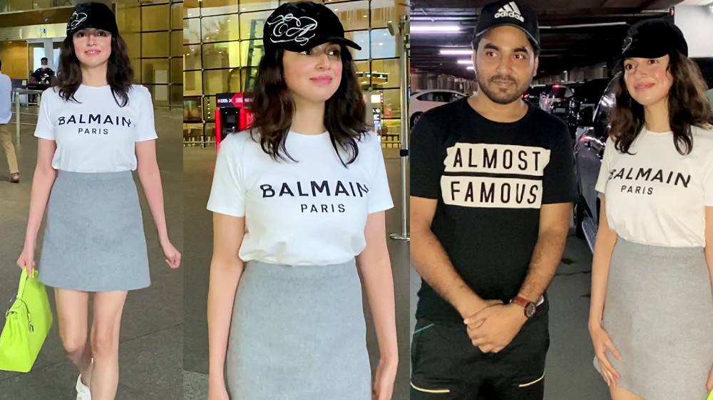 Actress Divya Khosla sported a grey short skirt & white sneakers