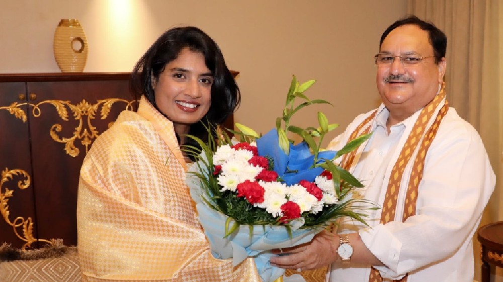 Nadda meets former cricketer Mithali Raj in Hyderabad