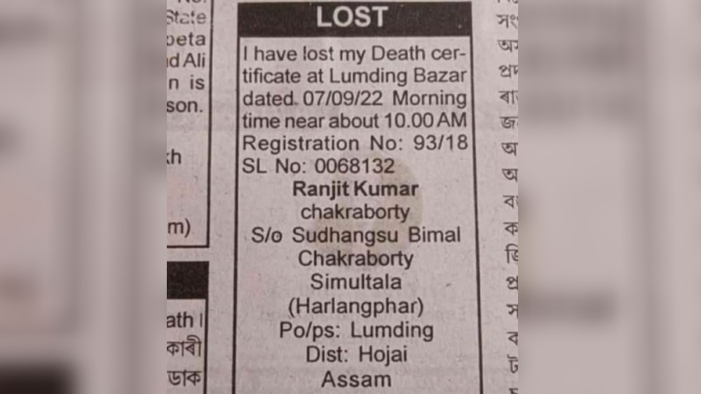 Internet goes wild after mans ad about losing his death certificate