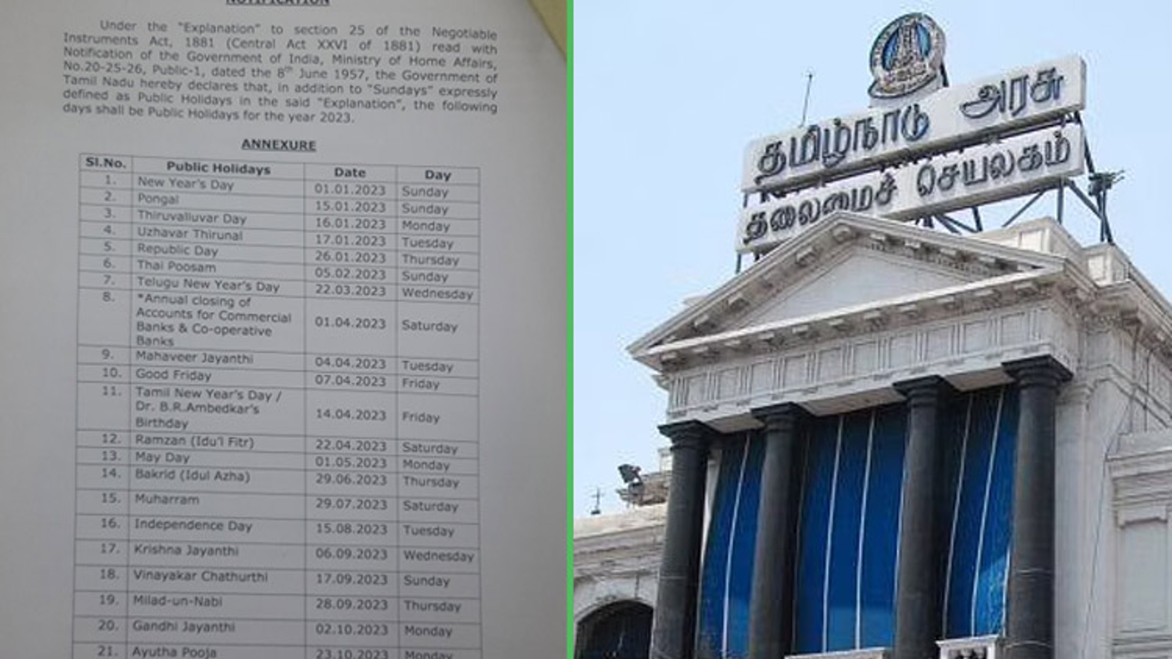 Tamil Nadu releases list of public holidays for 2023 Tamil Nadu releases list of public holidays for 2023