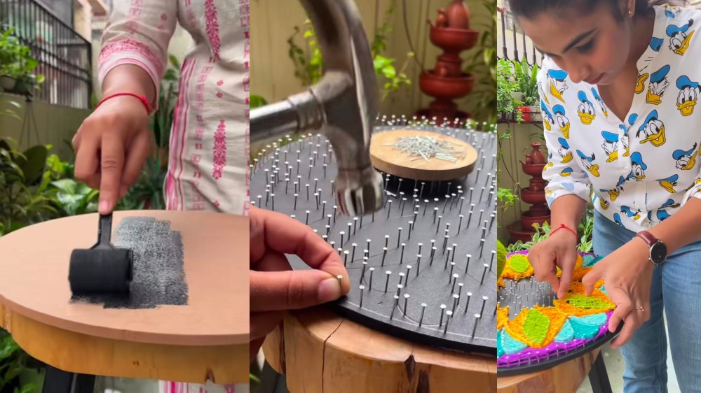 Too good: Women makes rangoli for Deepavali with nails & threads Too good: Women makes rangoli for Deepavali with nails & threads