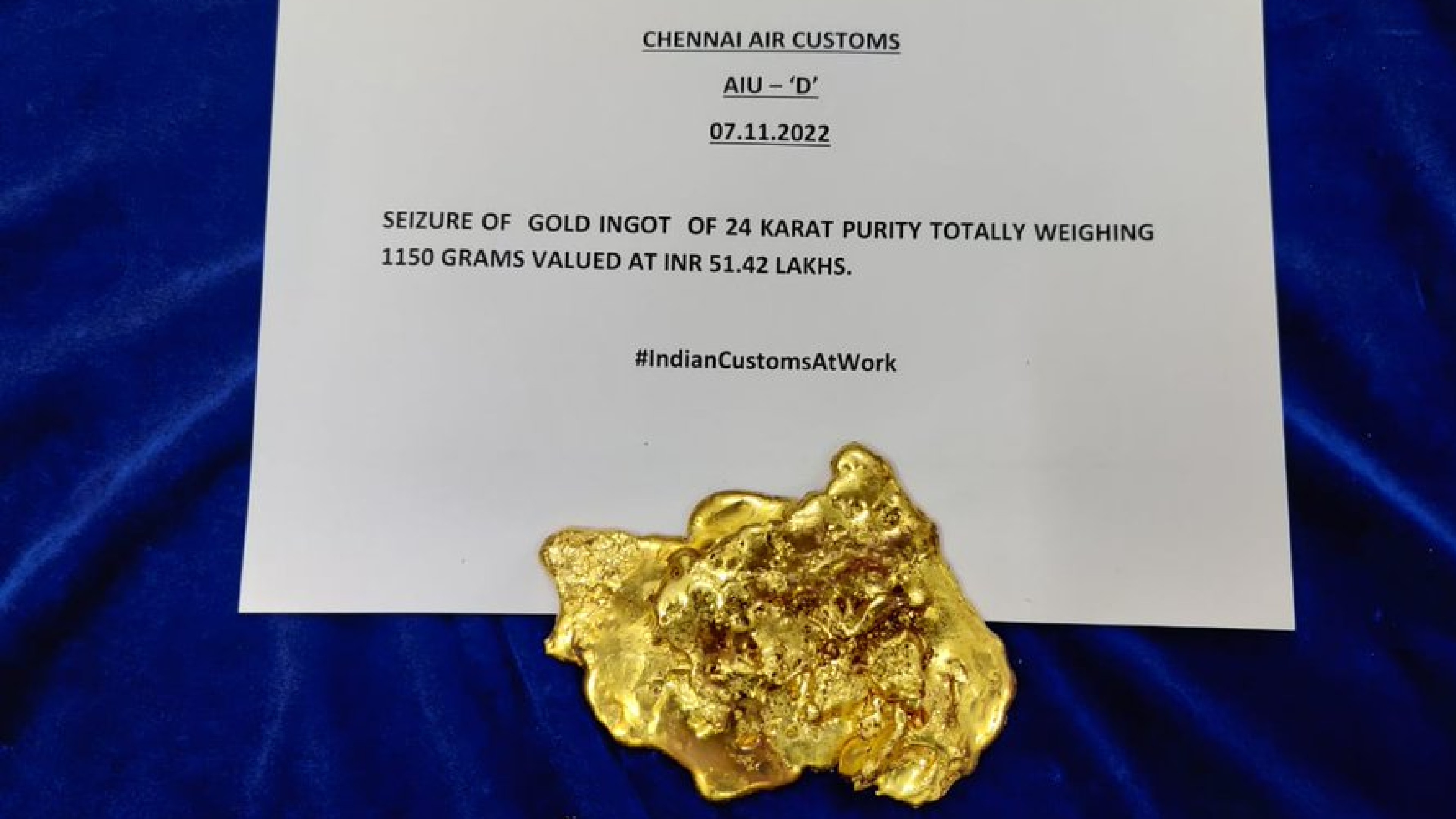 Customs seize 1.15 kg of gold worth ₹51.42L at Chennai airport