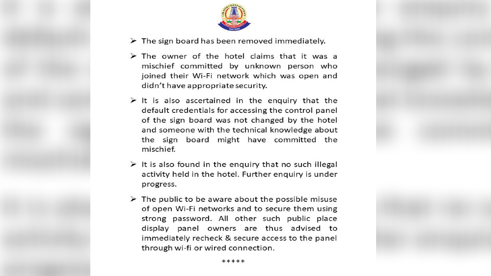Sexually explicit message on LED Display board of hotel on Anna Salai