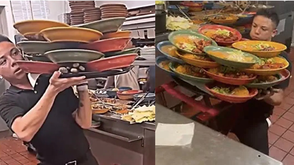 Waiter carries dozens of plates in a single go; internet amused