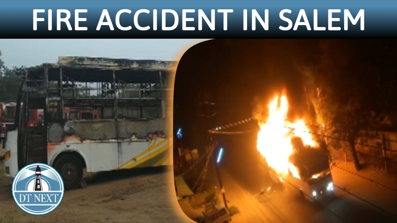 Private omni bus caught fire in Salem Private omni bus caught fire in Salem