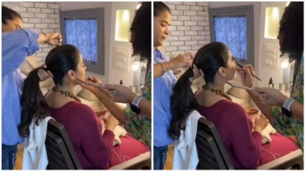 Multi-tasker Kajol knits while getting her make-up done