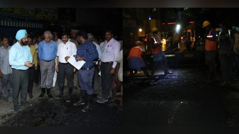 Chief secretary Irai Anbu inspects road repair works at night