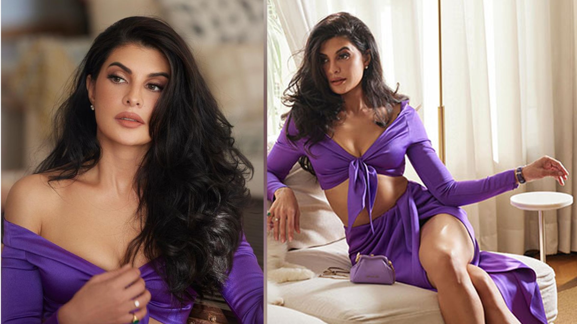 Jacqueline oozes oomph in lavender crop top, thigh-high slit skirt