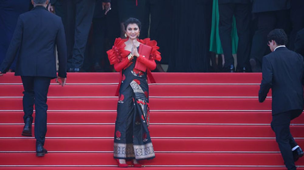 Aimee slays in Assamese pat silk Mekhela chador at Cannes red carpet