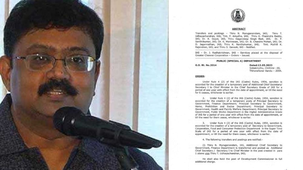 IAS officers rejig: Udhayachandran new Finance secy, Muruganandham now Stalins first secy