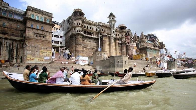 Changing rooms on floating jetty in Ganga in Varanasi