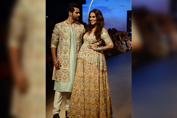 Neha Dhupia debuts baby bump on Lakme Fashion Week runway