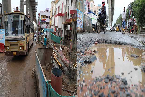 Motorists vie for space as Metro Rail work narrows Tiruvottiyur High Road Motorists vie for space as Metro Rail work narrows Tiruvottiyur High Road
