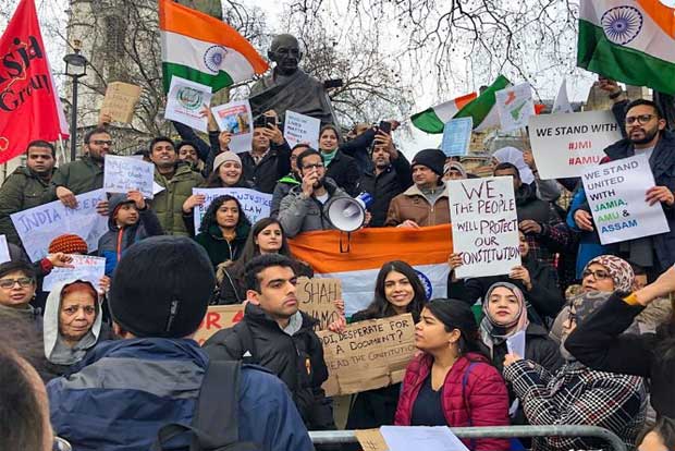 CAA protesters gather at Gandhi statue in London