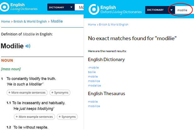 Image showing entry Modilie is fake: Oxford Dictionaries